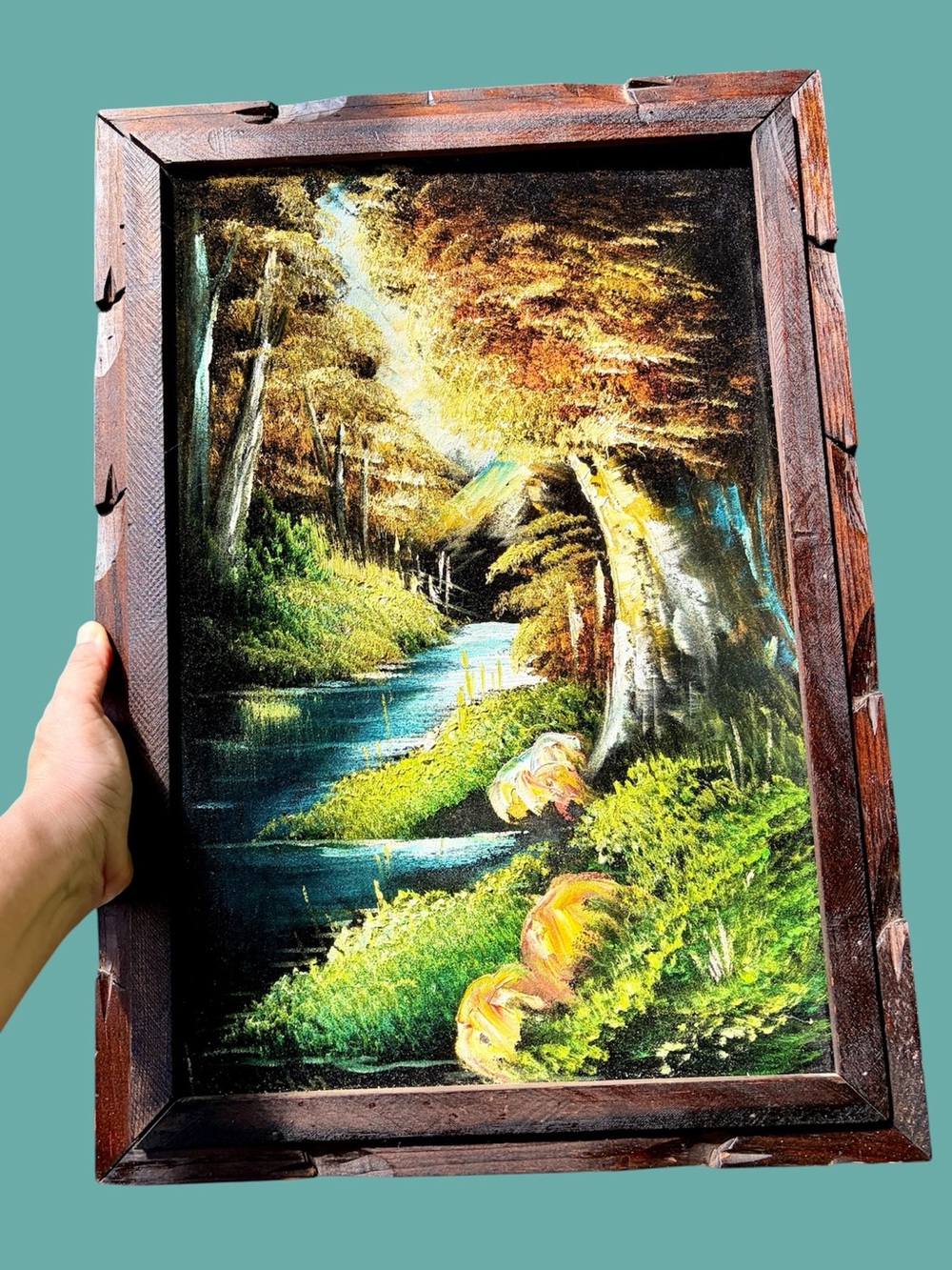 Mid Century Black Velvet Painting 60s Mexico Signed Framed Art 3D Neon Landscape